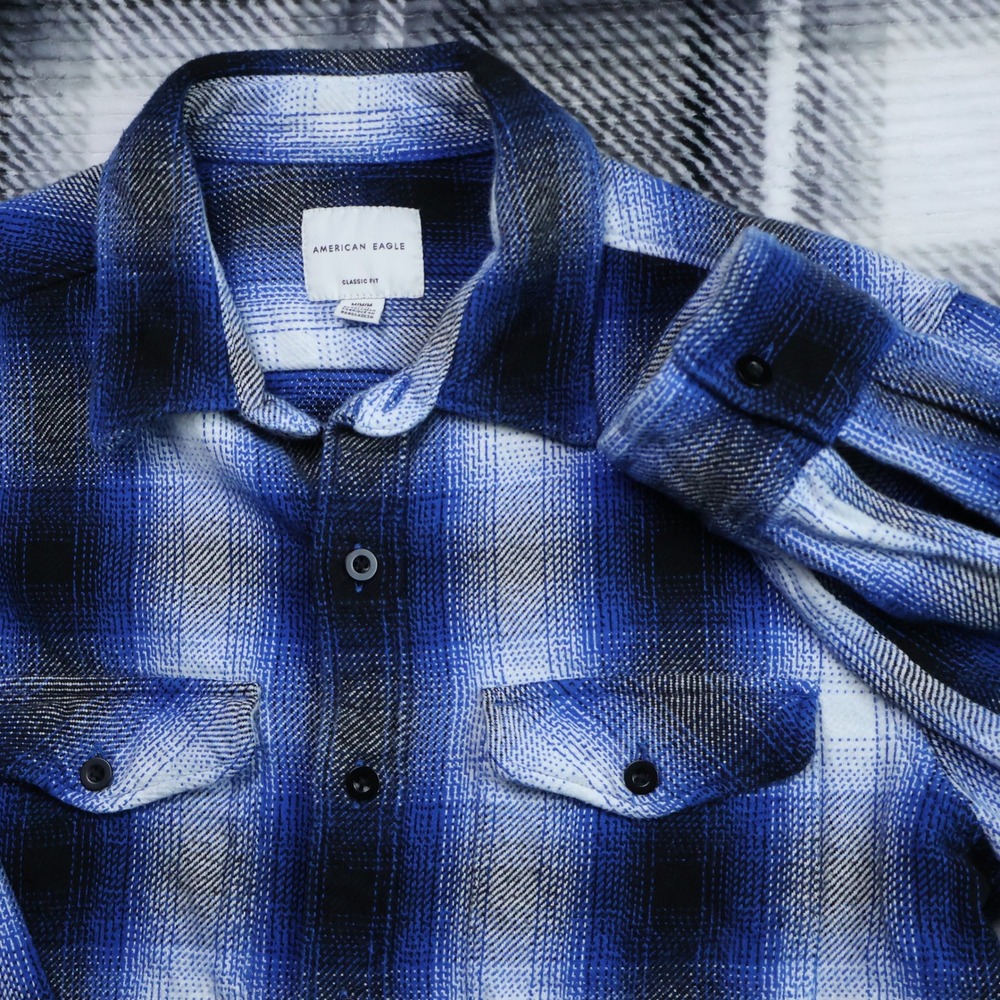 American Eagle Blue Plaid Flannel Shirt Mens Med Classic Fit Cotton Button Thick